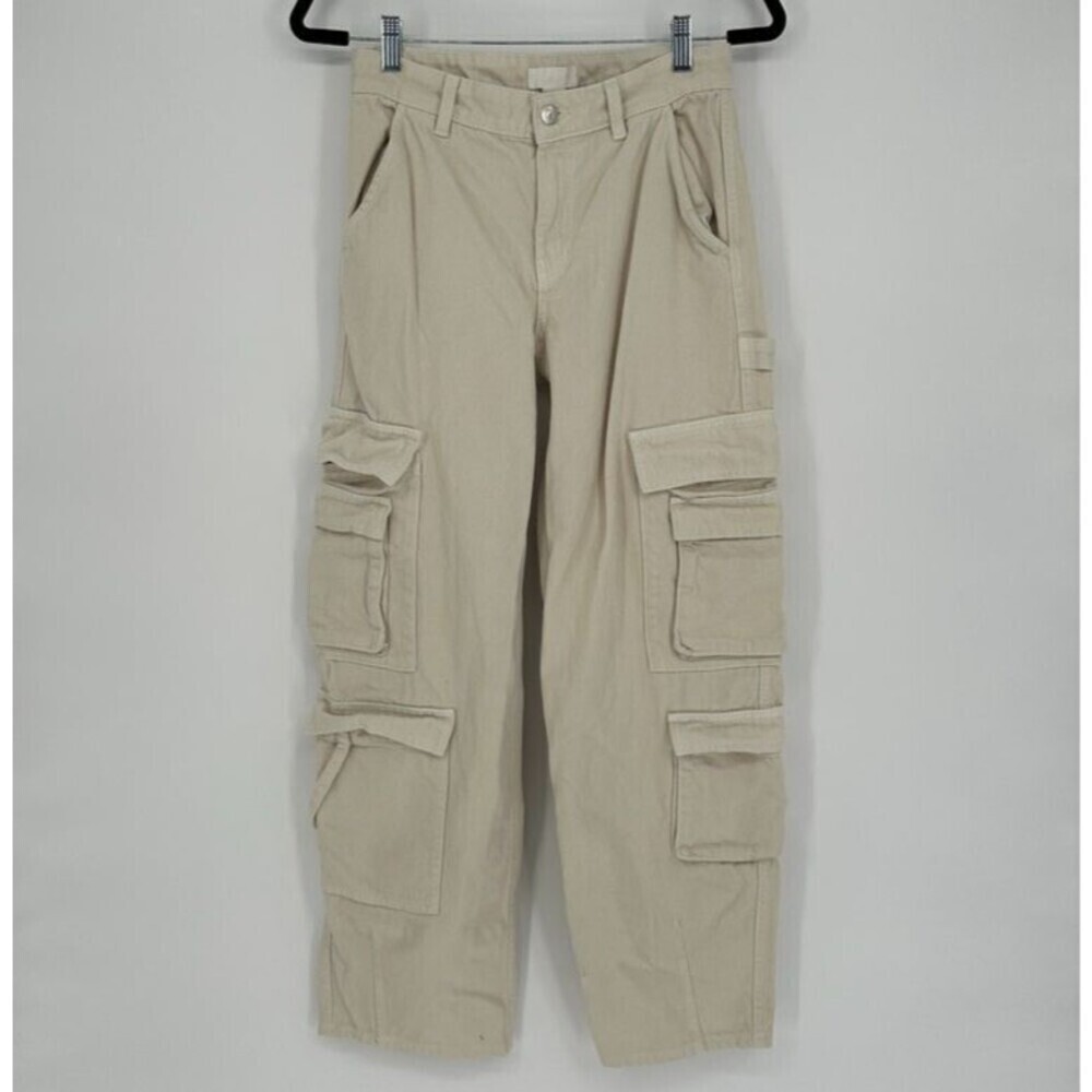 H&M Womens Y2K Baggy Fit Cargo Pants Size 2 Cream Streetwear Rave 100% Cotton